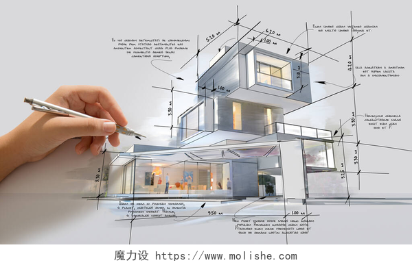 手绘房屋建筑设计稿显示不同设计阶段的建筑项目，从手工草图、施工规范到现实的3D渲染。文字是假的.